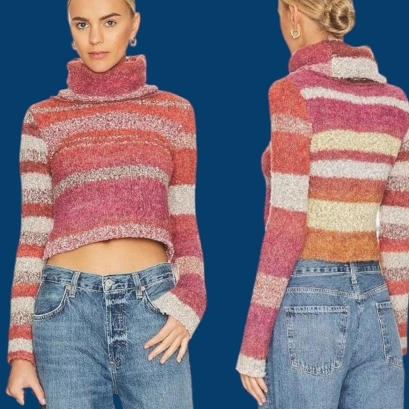 Free People Colorful Striped Cropped Sweater With Cowl Neck Size Small - Picture 1 of 9